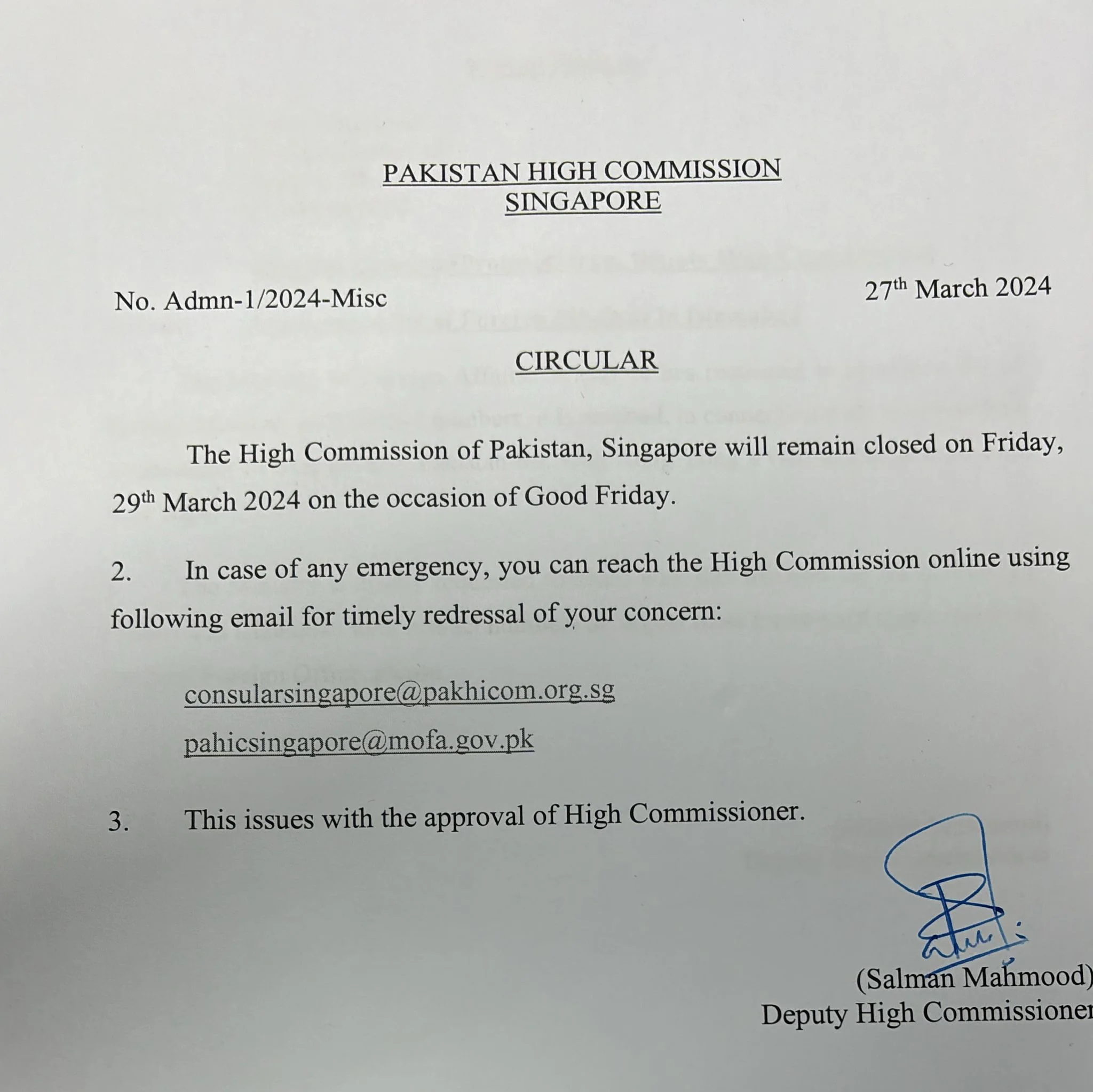 High Commission Closure Notice