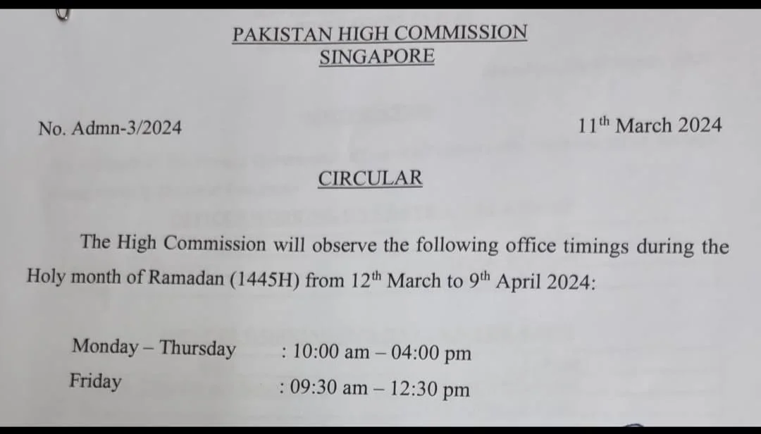 Pakistan High Commission Singapore Ramadan Office Timings March-April 2024